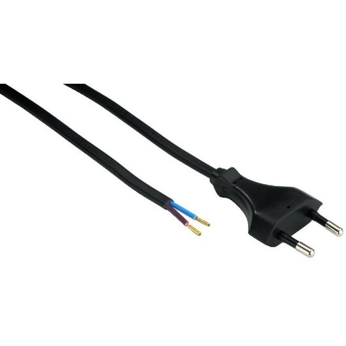 Câble d'alimentation 1,5 mètre, 250V - IP20 intérieur, Noir, Fiche Euro et fils dénudés, 2,5A