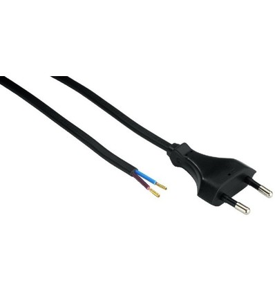 Câble d'alimentation 1,5 mètre, 250V - IP20 intérieur, Noir, Fiche Euro et fils dénudés, 2,5A