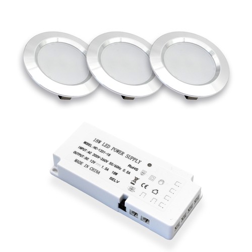 Lot de 3 spots pour meubles Reco68 - Acier brossé, avec alimentation incluse