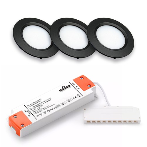 Lot de 3 spots pour meubles Reco68 dimmables - Noir, avec alimentation dimmable incluse