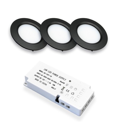 Lot de 3 spots pour meubles Reco68 - Noir, avec alimentation incluse