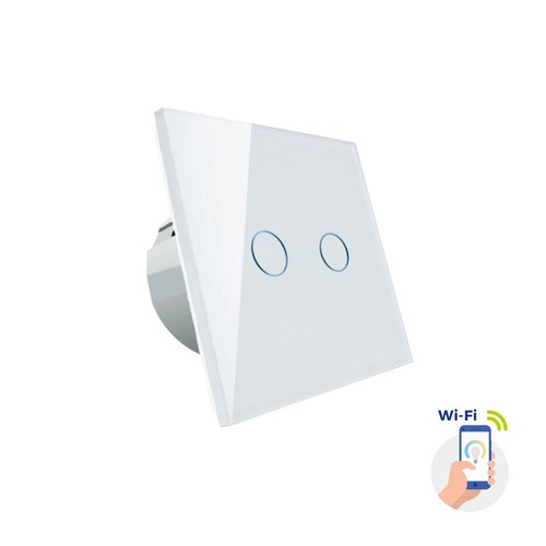 Interrupteur WiFi intelligent 2 zones - 2x1000W, verre blanc, compatible Google Home/Alexa, IP20 intérieur