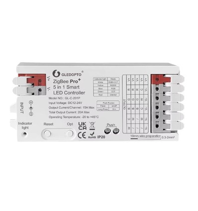 Contrôleur de bande Gledopto Pro 5 en 1 Zigbee - Compatible Hue, 12V/24V, RGB+CCT