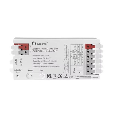 Contrôleur de bande Gledopto Pro 2 en 1 Zigbee - Compatible Hue, 12V/24V, 12V (144W) 24V (288W), Couleur unique + CCT