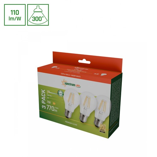 3 pcs. Ampoule LED E27 7W - GLS, filament, 770lm, blanc chaud, pack de 3