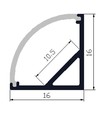 Profilé d'angle alu 16x16 pour ruban LED - 1m, avec diffuseur givré, clips et embouts, anodisé
