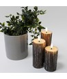 Set de 3 bougies LED aspect bois, aspect fondu, effet flamme - Ø5,5cm, 10/12,5/15cm de haut, avec télécommande, véritable cire