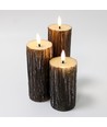 Set de 3 bougies LED aspect bois, aspect fondu, effet flamme - Ø5,5cm, 10/12,5/15cm de haut, avec télécommande, véritable cire