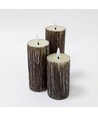 Set de 3 bougies LED aspect bois, aspect fondu, effet flamme - Ø5,5cm, 10/12,5/15cm de haut, avec télécommande, véritable cire