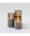 Set de 3 bougies LED sous verre fumé Ø7,5cm, effet flamme - Avec télécommande et minuterie, 10/12,5/15cm de haut, véritable cire