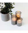 Set de 3 bougies LED sous verre fumé Ø7,5cm, effet flamme - Avec télécommande et minuterie, 10/12,5/15cm de haut, véritable cire
