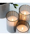 Set de 3 bougies LED sous verre fumé Ø7,5cm, effet flamme - Avec télécommande et minuterie, 10/12,5/15cm de haut, véritable cire
