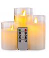 Set de 3 bougies LED sous verre Ø7,5cm, flamme vacillante - Avec télécommande et minuterie, 10/12,5/15cm de haut, véritable cire