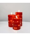 Set 3 bougies LED avec guirlande, effet flamme - Ø7,5cm, 10/12,5/15cm, avec télécommande, minuterie, vraie cire, Rouge