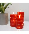 Set 3 bougies LED avec guirlande, effet flamme - Ø7,5cm, 10/12,5/15cm, avec télécommande, minuterie, vraie cire, Rouge