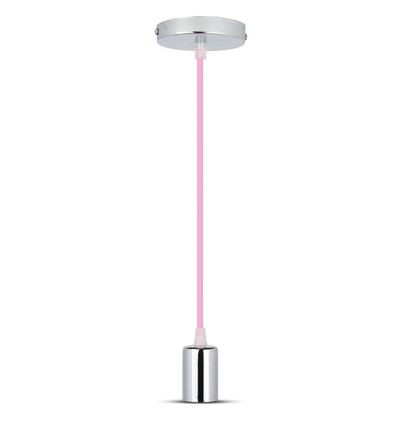 Suspension Chrome avec câble rose - douille E27, pavillon en métal, sans source lumineuse