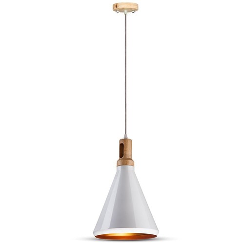 Suspension E27 blanche avec tête en bois - Max 60W, fer, sans source lumineuse