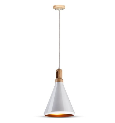 Suspension E27 blanche avec tête en bois - Max 60W, fer, sans source lumineuse
