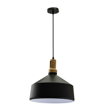 Suspension E27 en fer noir avec tête en bois - Ø30 cm, série Vintage, sans source lumineuse