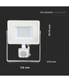 Projecteur LED 30W avec capteur, LED Samsung - IP65, blanc, 6400K