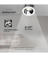 Downlight LED hôtel 35W Ø16cm, RA95 - 2300lm, angle réglable 0-27°, réflecteur argent, Trou : Ø15cm