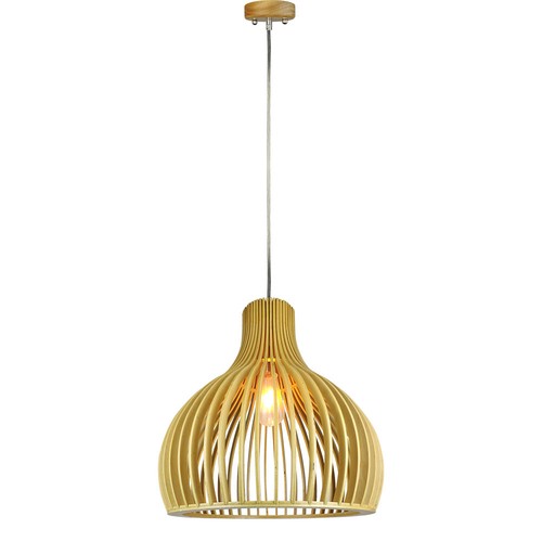 Suspension en bois Ø35cm avec détails chromés - Douille E27, ronde, H45cm, plafonnier décoratif