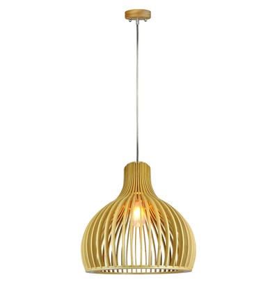 Suspension en bois Ø35cm avec détails chromés - Douille E27, ronde, H45cm, plafonnier décoratif