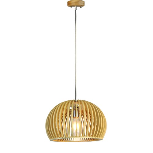 Suspension E27 en bois, ronde - Ø33cm, design oriental, abat-jour et rosace en bois, sans source lumineuse