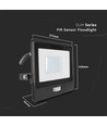 Projecteur LED 30W avec détecteur PIR - puce Samsung LED, IP65, noir, câble 1m, extérieur