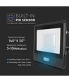 Projecteur LED 30W avec détecteur PIR - puce Samsung LED, IP65, noir, câble 1m, extérieur