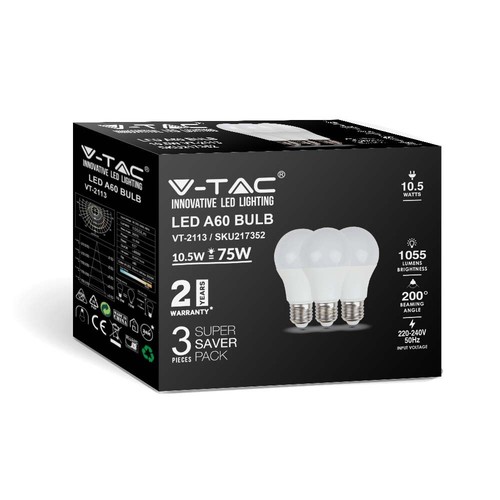 Lot de 3 ampoules LED E27 10,5W - A60, verre dépoli, 4000K, 1055lm, pack de 3