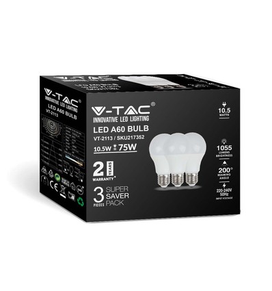 Lot de 3 ampoules LED E27 10,5W - A60, verre dépoli, 4000K, 1055lm, pack de 3