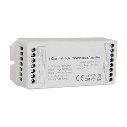 Amplificateur LED 5 canaux pour 12V/24V - 15A, blanc, pour rubans LED RGB+W / RGB / monocolore
