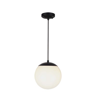 Suspension Ø20cm, noir mat - IP44, douille E27, globe blanc opale, aluminium et plastique, sans source lumineuse