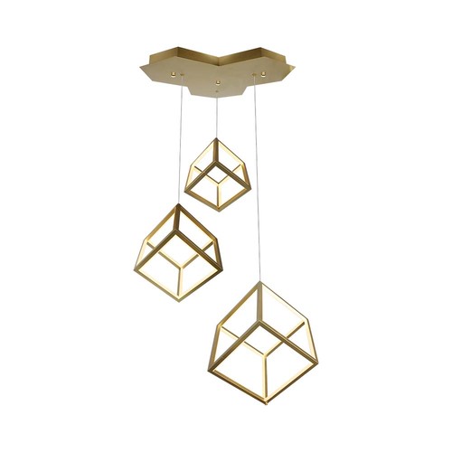 Suspension LED Designer 46W - 3 cubes dorés, 3000K, 4900lm, 56x48,5x156cm