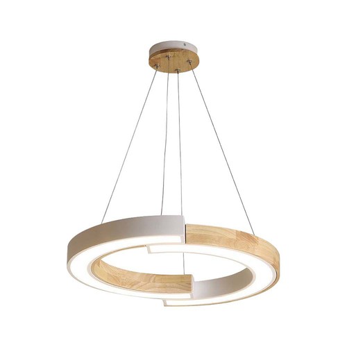 Suspension design LED 32W - Ø43cm, blanc avec détails en bois, 3000K, 4000lm