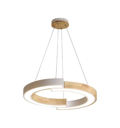 Suspension design LED 32W - Ø43cm, blanc avec détails en bois, 3000K, 4000lm