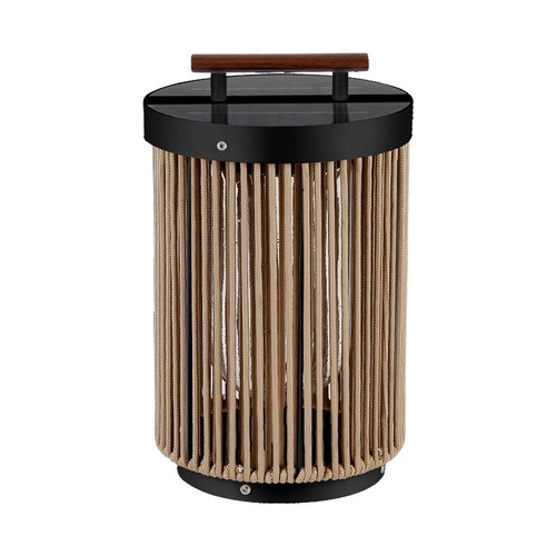 Lampe de jardin 2,4W - LED, solaire, 3000K, noir + poignée en chanvre avec manche en bois