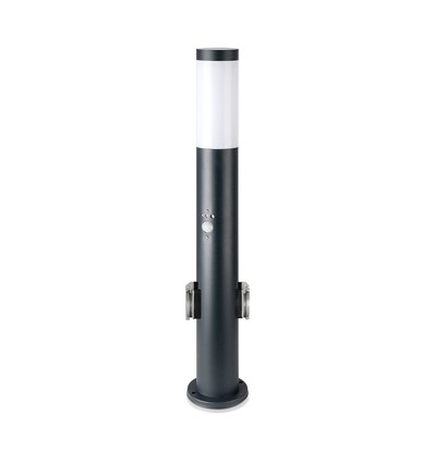 Borne de jardin 60cm avec capteur PIR et 2 prises - Douille E27, IP44, acier inoxydable, gris, sans source lumineuse