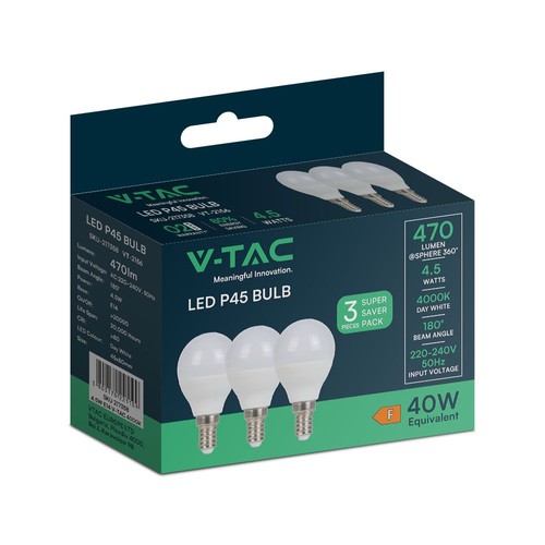 Pack de 3 ampoules LED E14 4,5W - P45, 4000K, remplace 40W