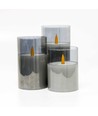 Set de 3 bougies LED sous verre fumé Ø7,5cm, effet flamme - Avec télécommande et minuterie, 10/12,5/15cm de haut, véritable cire