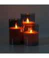 Set de 3 bougies LED sous verre fumé Ø7,5cm, effet flamme - Avec télécommande et minuterie, 10/12,5/15cm de haut, véritable cire