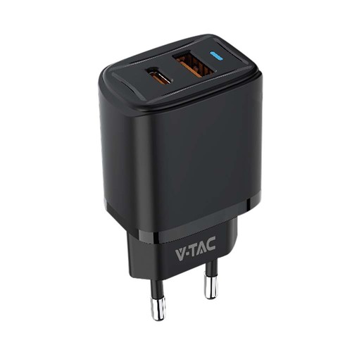 Adaptateur de voyage USB 20W avec PD et QC - Noir, chargeur rapide, 1x USB-A et 1x USB-C PD