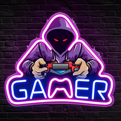 Gamer néon enseigne avec lumière LED - Grand modèle 39x33 cm, parfait pour salle de jeux