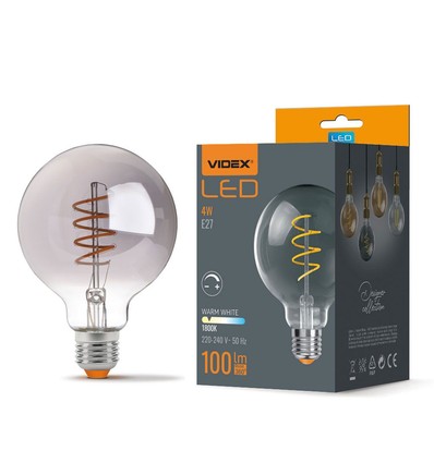 Ampoule LED E27 4W dimmable - G95, filament spirale, verre graphite, 1800K, 360°