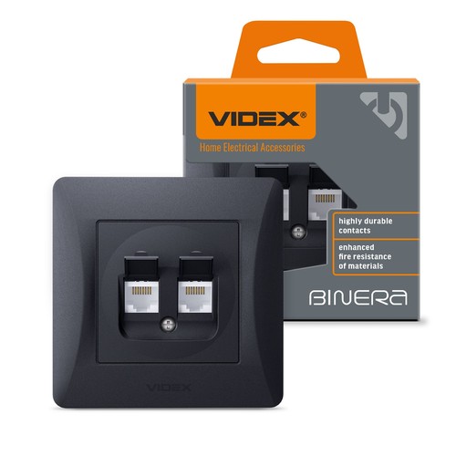 Double prise réseau BINERA CAT6 - Noir graphite, RJ45, 2 ports, encastrable