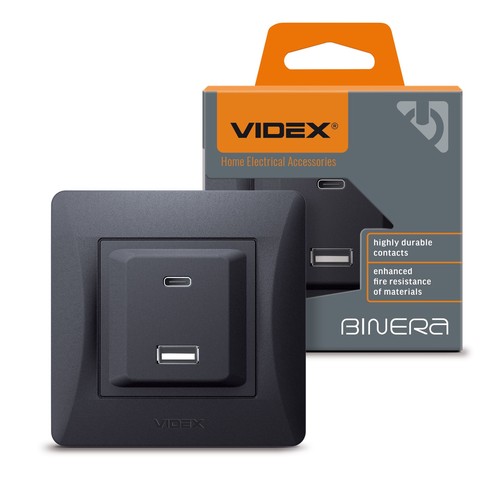 Prise USB-A + Type-C chargeur rapide 20W - Noir graphite, 2.4A, IP20 intérieur