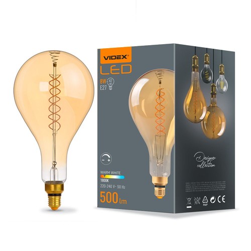 Ampoule LED E27 8W dimmable - PS160, filament spirale, verre ambré, 1800K, 500lm