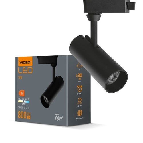 Spot sur rail 1 phase 10W - 36 degrés, 4000K, Noir, IP20, RA80