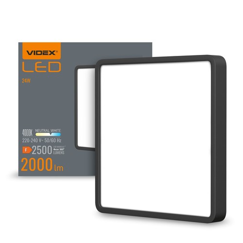 Plafonnier LED carré 24W - 26,4 x 26,4 cm, bord noir, 4000K, IP20 intérieur, source lumineuse incl.